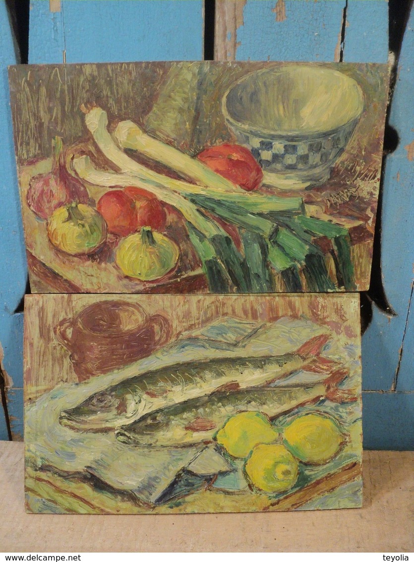 Tableau Nature Morte aux Poissons. Huile sur panneau d'Isorel