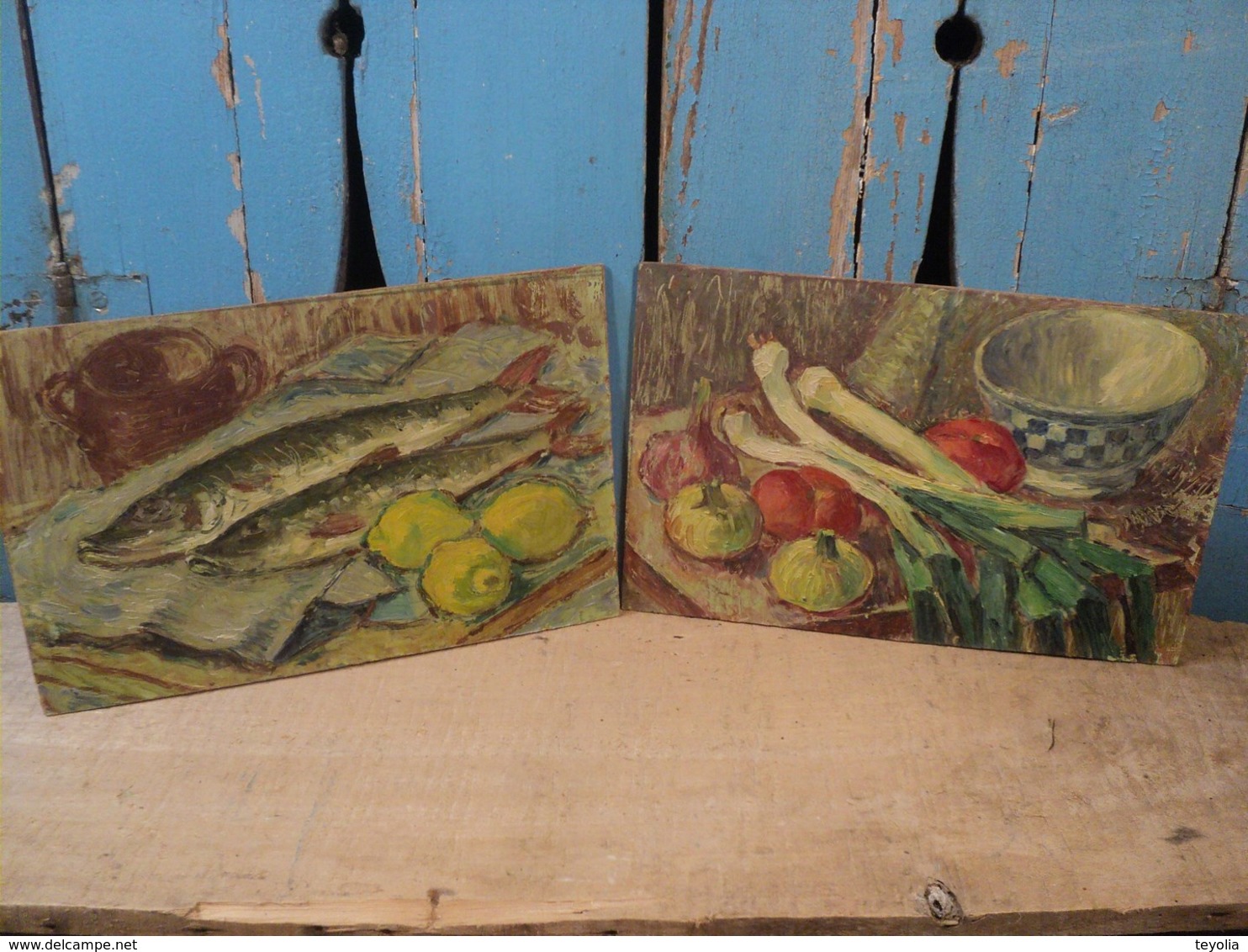 Tableau Nature Morte aux Poissons. Huile sur panneau d'Isorel