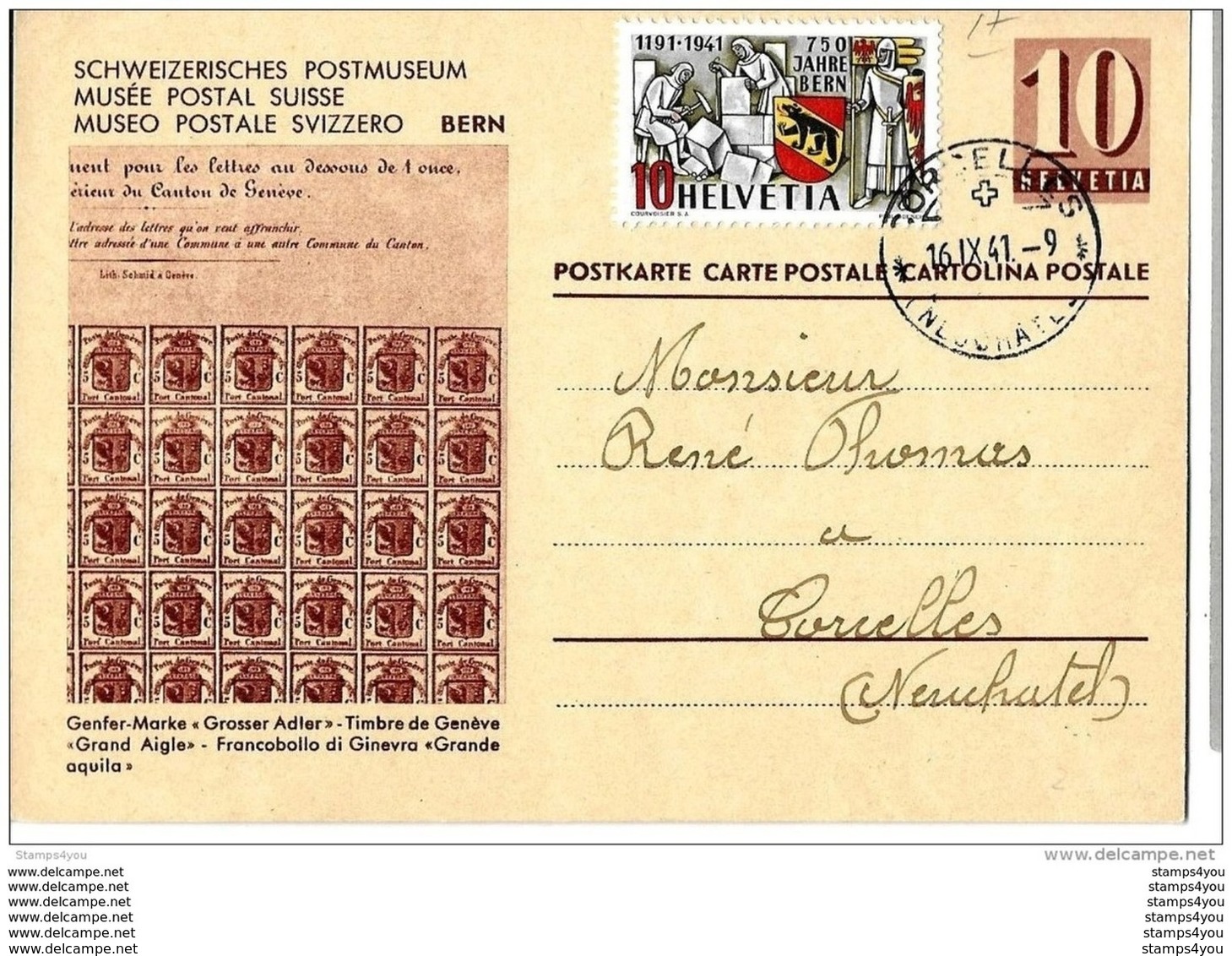 19-92 - Entier Postal   "Musée Postal Suisse" Avec Affranchissment Complémentaire Cachet De Corcelles Neuchâtel 1941 - Entiers Postaux