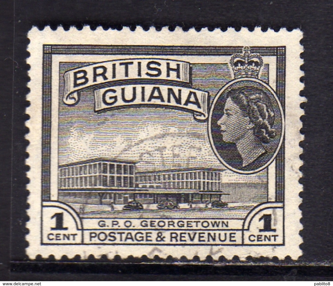 BRITISH GUIANA GUYANA BRITANNICA 1954 QUEEN ELIZABETH II REGINA ELIZABETTA PICTORIAL G.P.O. GEORGETOWN 1c USED USATO - Guyana Britannica (...-1966)