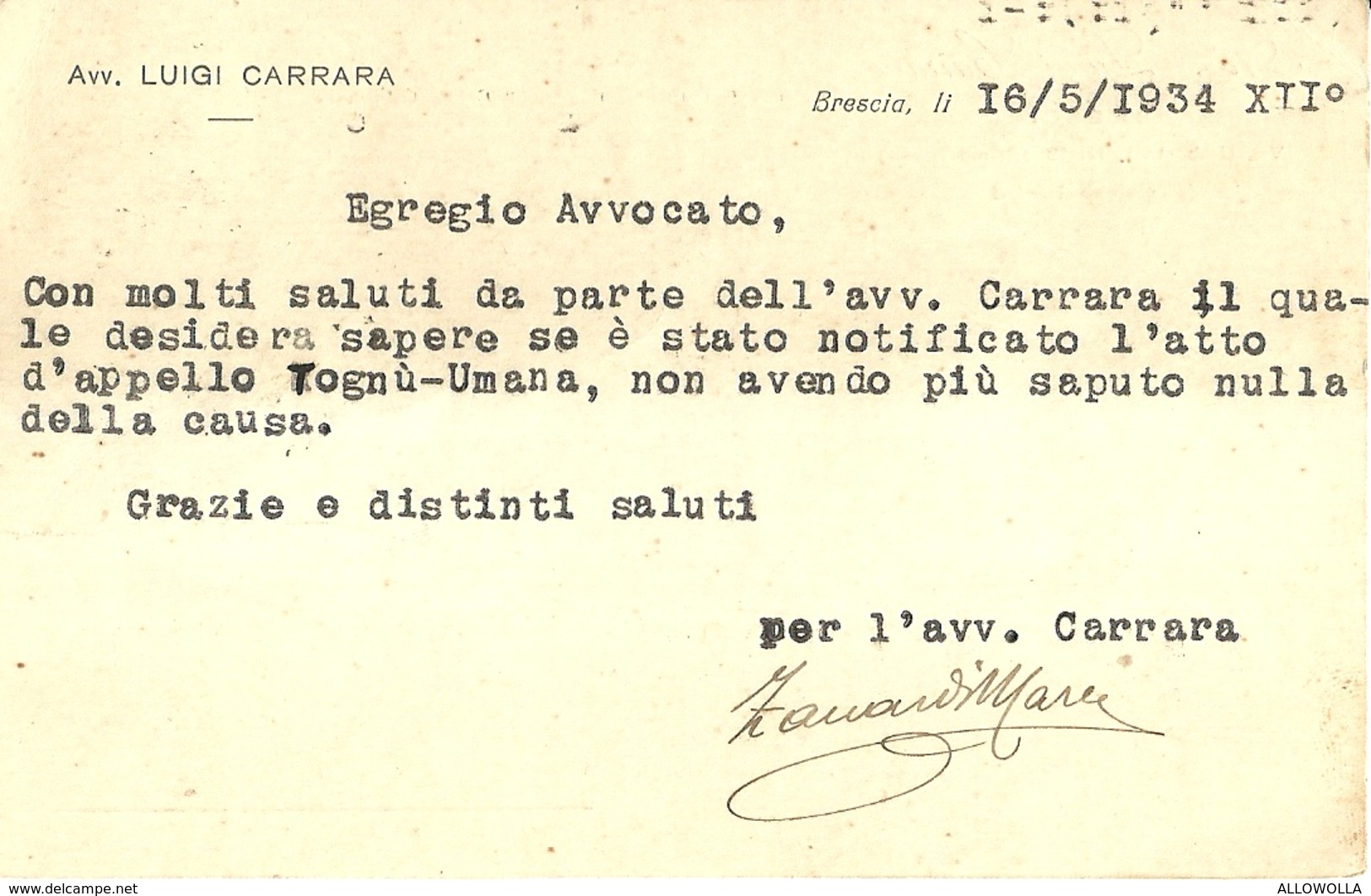 6806" AVV. LUIGI CARRARA-BRESCIA "-CARTOLINA POSTALE SPED.1934 - Altri & Non Classificati