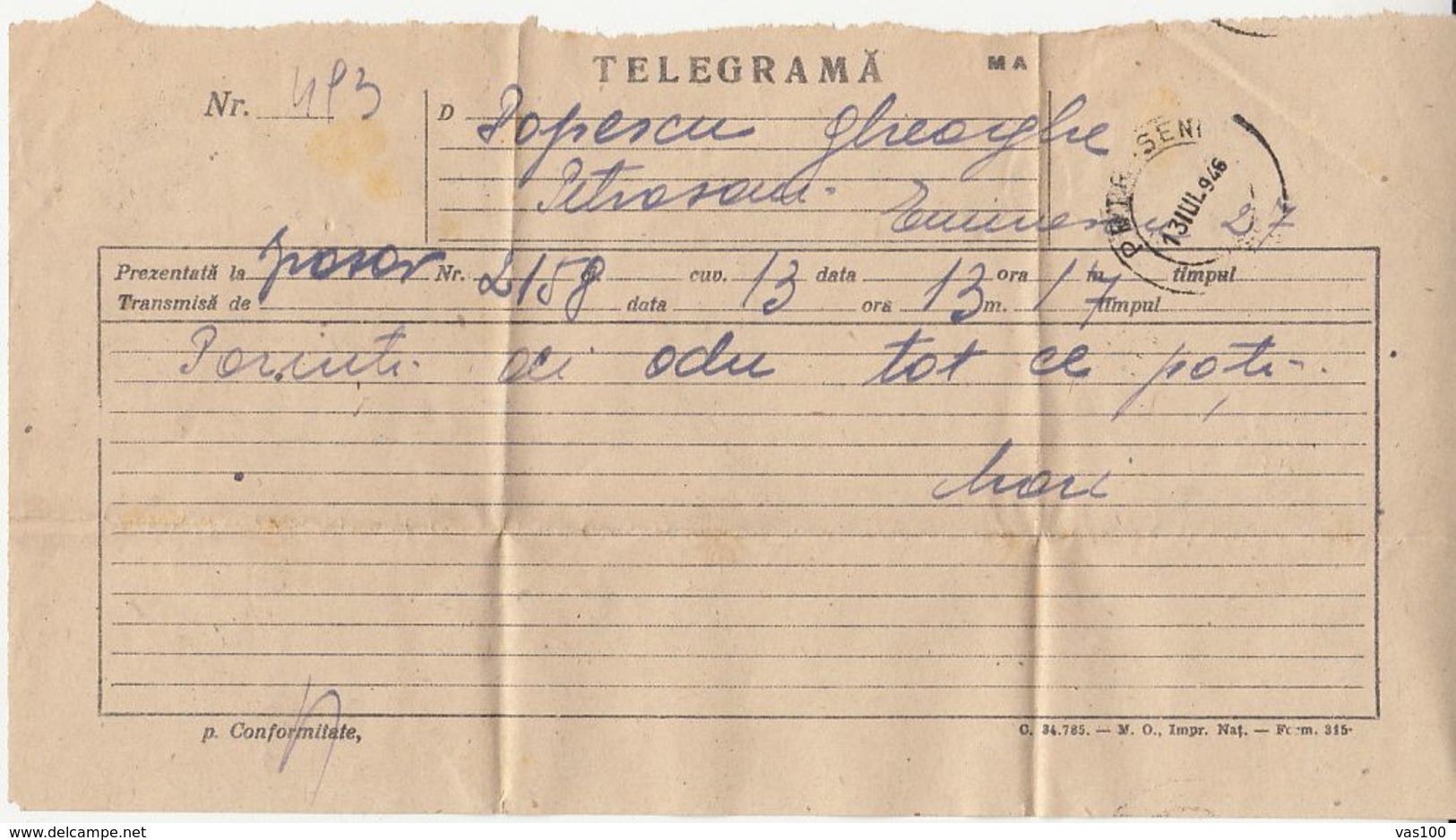 TELEGRAPH, TELEGRAMME SENT FROM BRASOV TO PETROSANI, 1946, ROMANIA - Telegraphenmarken