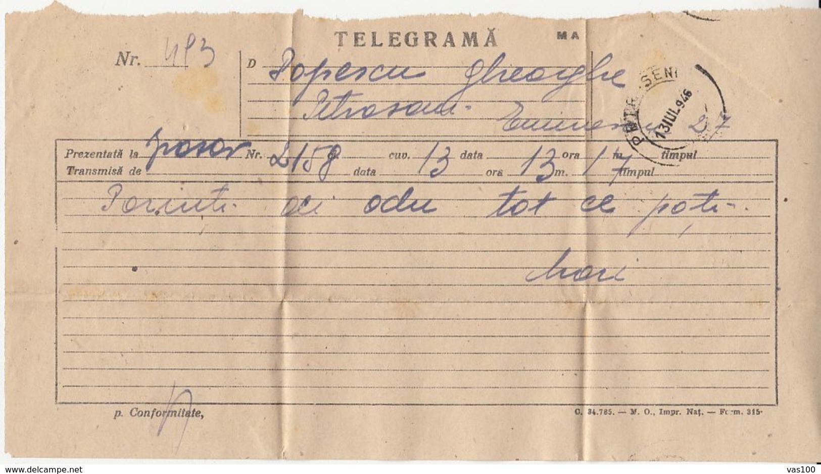 TELEGRAPH, TELEGRAMME SENT FROM BRASOV TO PETROSANI, 1946, ROMANIA - Télégraphes