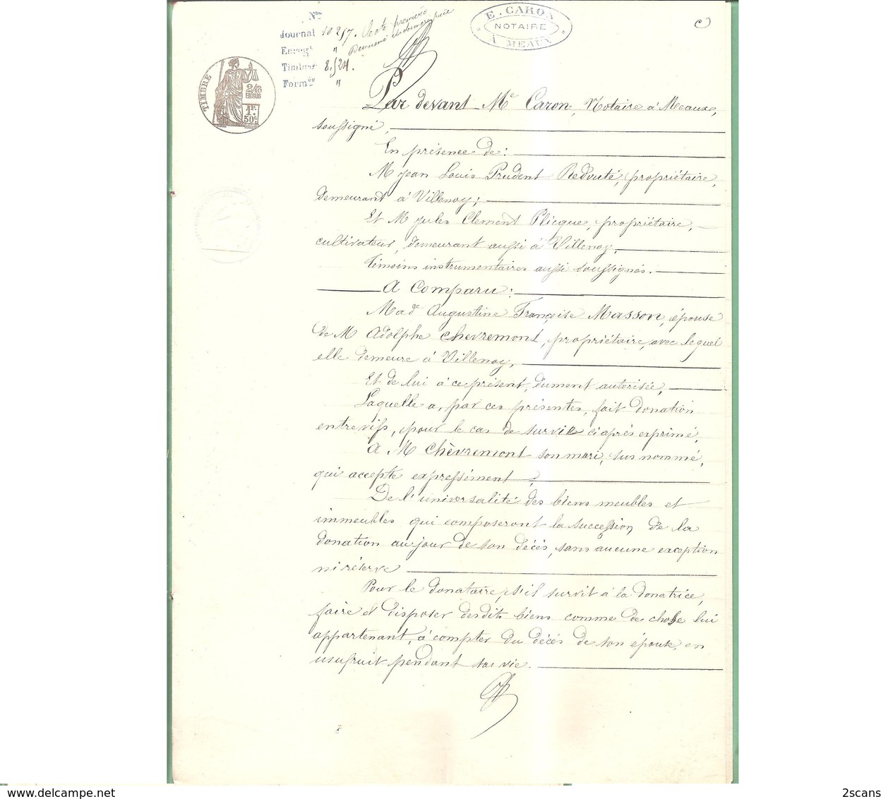 77 - VILLENOY - Lot de 2 documents de 1878 : Donations CHEVREMONT Adolphe et Augustine (née MASSON) - Penchard - Meaux