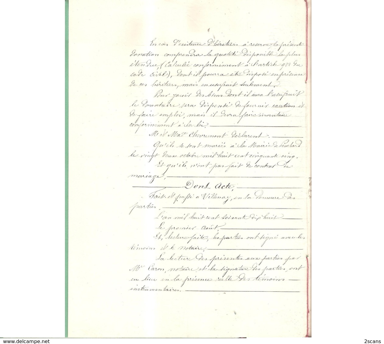 77 - VILLENOY - Lot de 2 documents de 1878 : Donations CHEVREMONT Adolphe et Augustine (née MASSON) - Penchard - Meaux