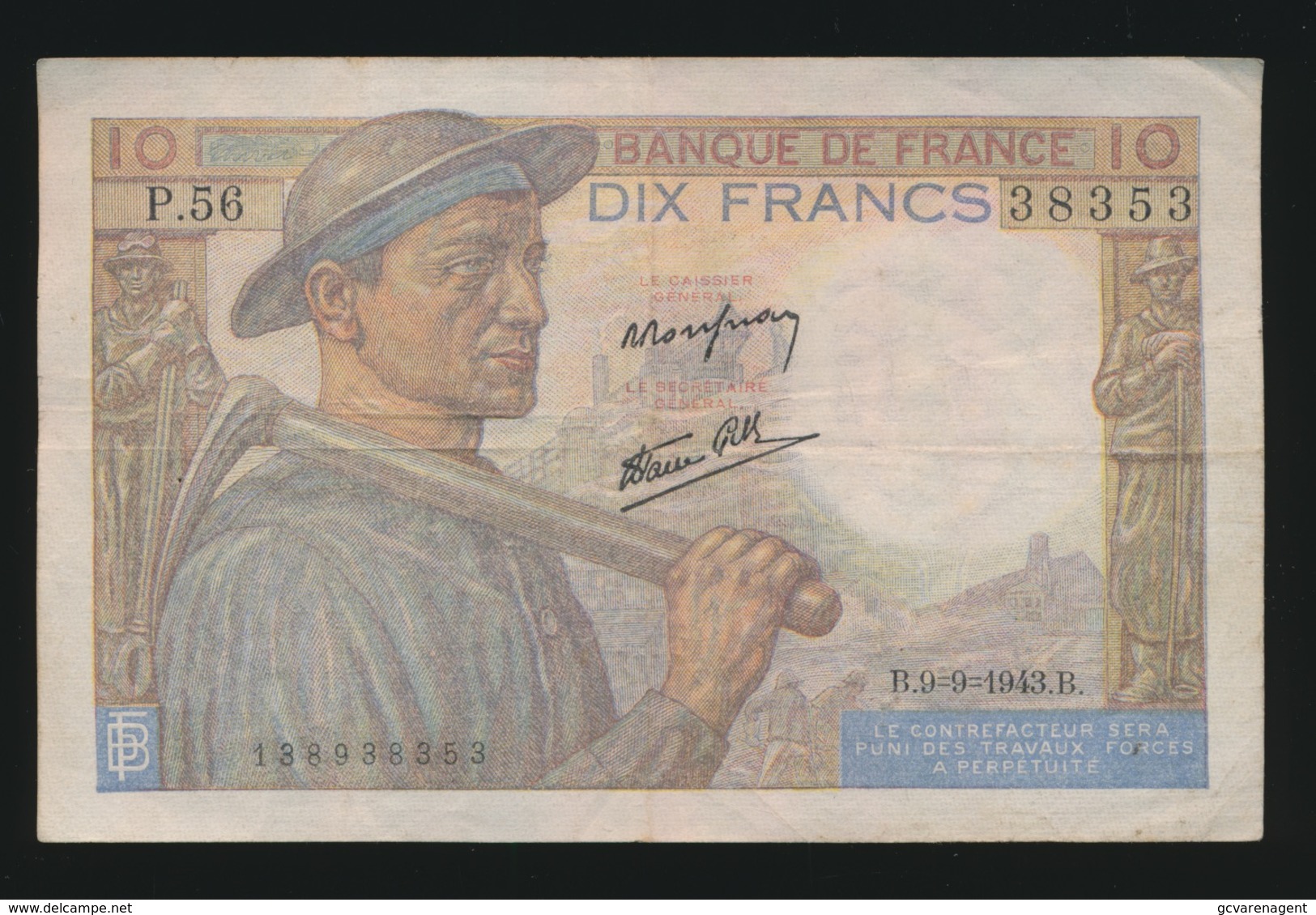 Billet De La Banque De FRANCE 10 Francs 1943  2 SCANS - 10 F 1941-1949 ''Mineur''