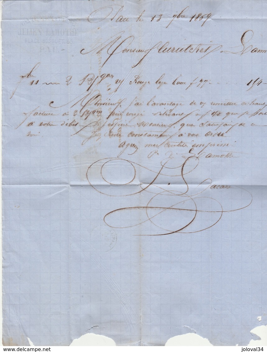 Yvert 29 Lettre Entête Lamothe Signée Lacaze PAU Basses Pyrénées 14/9/1869 GC 2795 à Lanne Par Aramits - 1849-1876: Periodo Classico