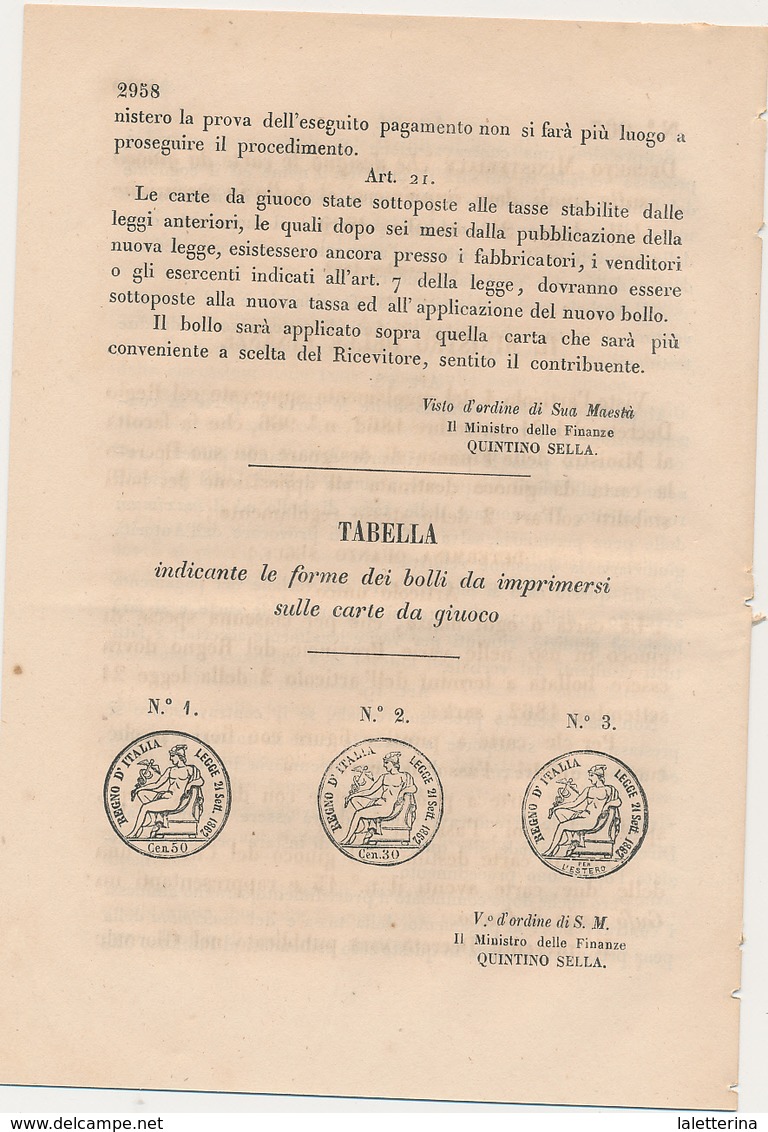 1862  LEGGE SUL BOLLO DELLE CARTE DA GIOCO CON LE FORME DEI BOLLI - Ohne Zuordnung