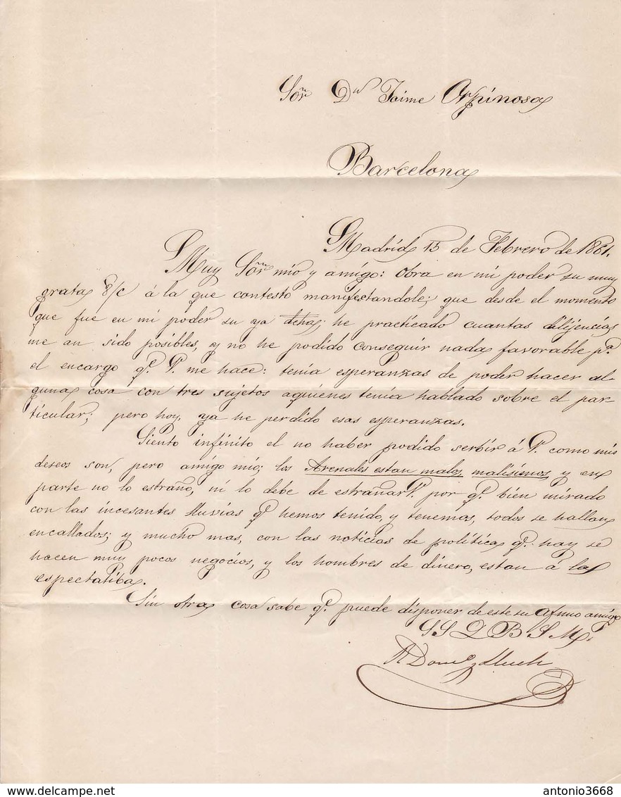 Año 1860 Edifil 52 4c  Sello Isabel II Carta Con Matasellos Rueda De Carreta 1 Madrid  A Barcelona Curiosa Carta - Covers & Documents