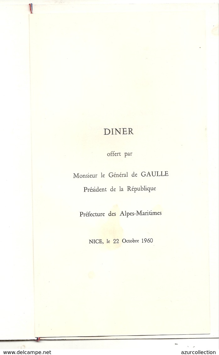 NICE . GALERIE CHERET . VISITE GENERAL DE GAULLE .22/10/1960 . DINER - Menus