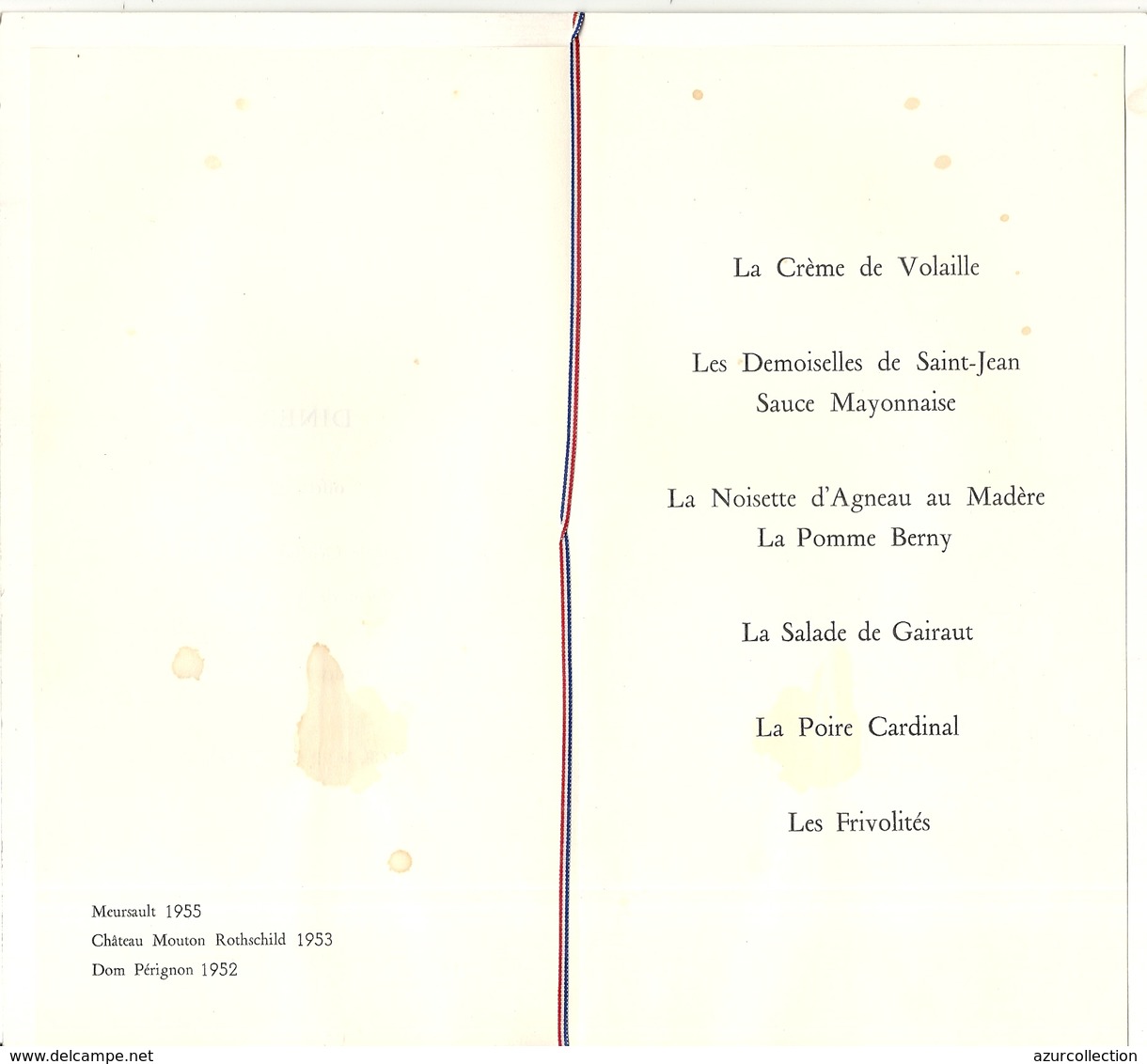 NICE . GALERIE CHERET . VISITE GENERAL DE GAULLE .22/10/1960 . DINER - Menus