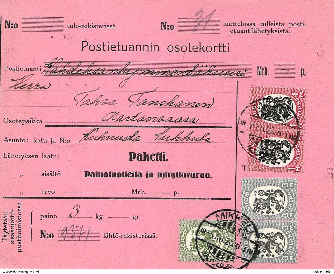 Colis Postal De Mikkeli, Parcel Post 1925 - Paquetes Postales