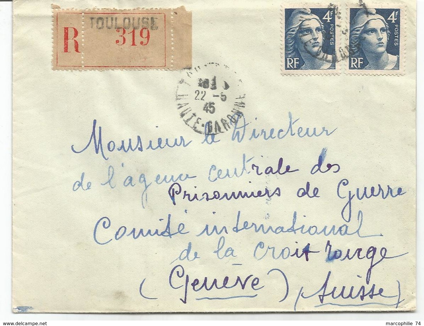 GANDON 4FR GRAVE X2 LETTRE REC TOULOUSE 22.5.1945 POUR SUISSE AU TARIF - 1945-54 Marianne De Gandon