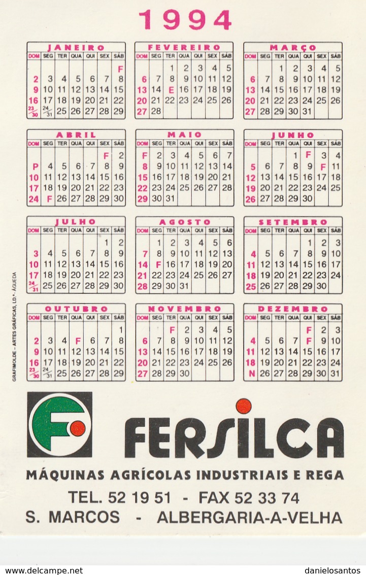 1994 Pocket Poche Calendar Calandrier Calendario Portugal Tractor Tracteur Fersilca Albergaria-a-velha - Klein Formaat: 1991-00