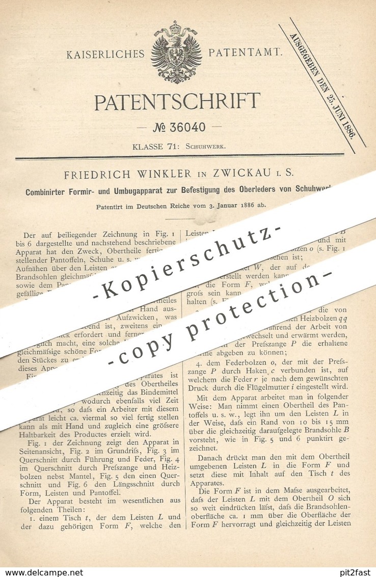 Original Patent - Friedrich Winkler , Zwickau , 1886 , Befestigung Von Oberleder An Schuhwerk | Schuhe , Schuster !!! - Historical Documents