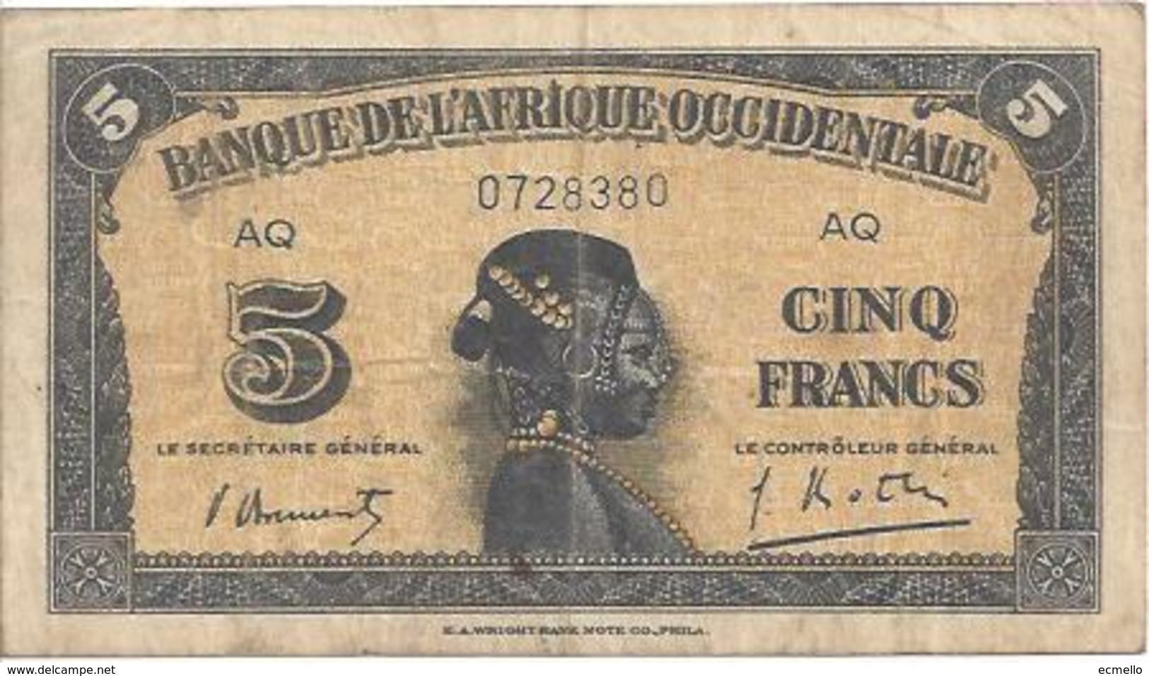 FRENCH WEST AFRICA P28 5 FRANCS 1942 FINE BLACK - Autres - Afrique