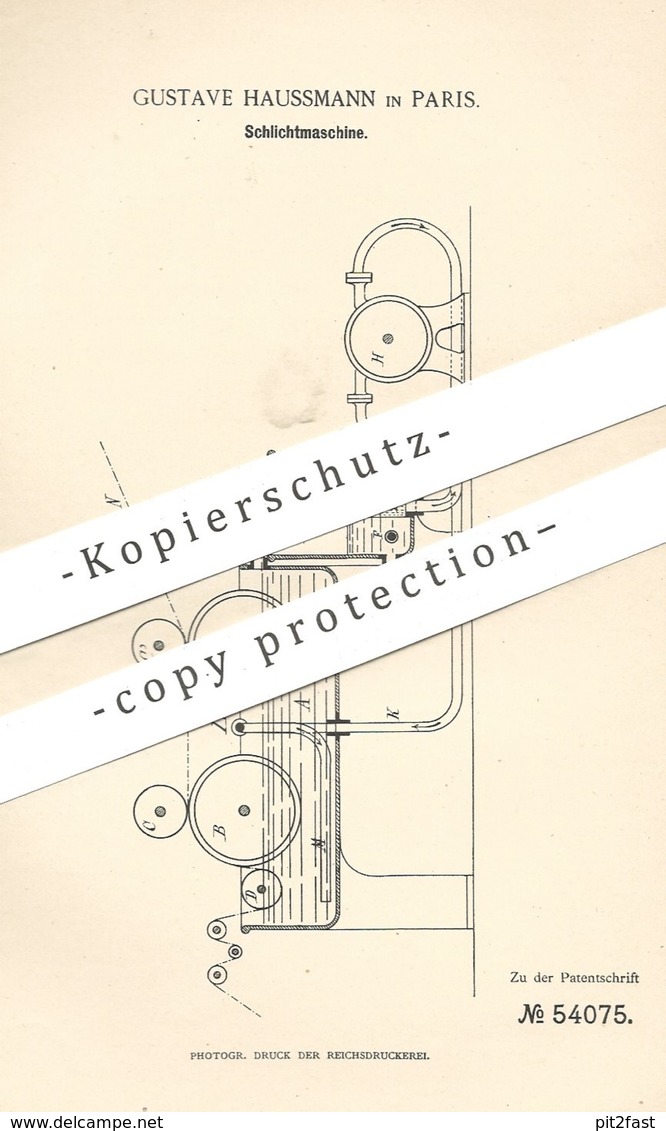 Original Patent - Gustave Haussmann , Paris , Frankreich , 1890 , Schlichtmaschine | Webstuhl , Weben , Weber , Weberei - Historische Dokumente