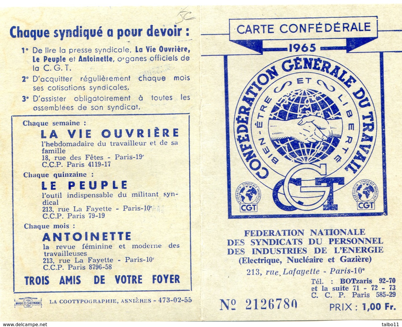 Carte De La C G T - 1965 - Federation Nationale Des Syndicats Du Personnel Des Industries De L'energie - Berail - Unclassified