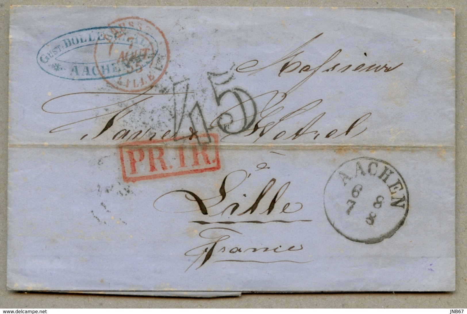 Taxe 45 Double Trait Sur Lettre D'Aix La Chapelle Pour Lille En 1855 - 1849-1876: Periodo Clásico