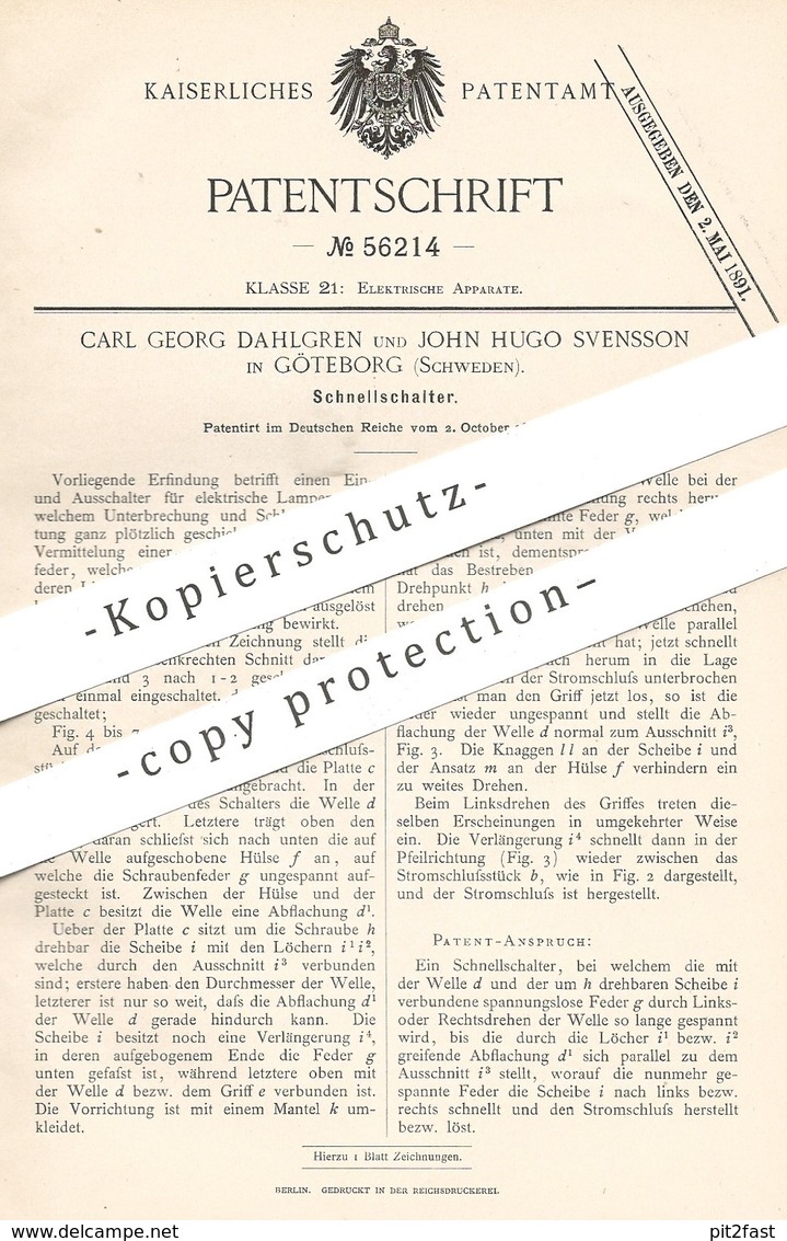 Original Patent - Carl Georg Dahlgren , John Hugo Svensson , Göteborg , Schweden , 1890 , Lichtschalter , Schalter !!! - Documentos Históricos