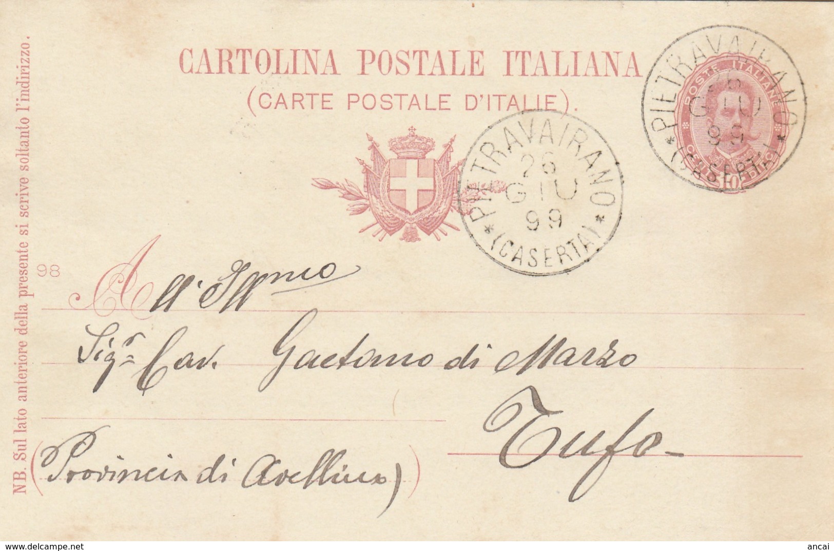 Pietrovairano. 1899. Annullo Grande Cerchio PIETRAVAIRANO (CASERTA),  Su Cartolina Postale - Storia Postale