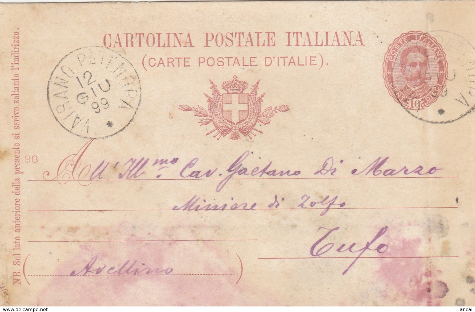 Vairano Patenora. 1899. Annullo Grande Cerchio VAIRANO PATENORA, Su Cartolina Postale - Storia Postale