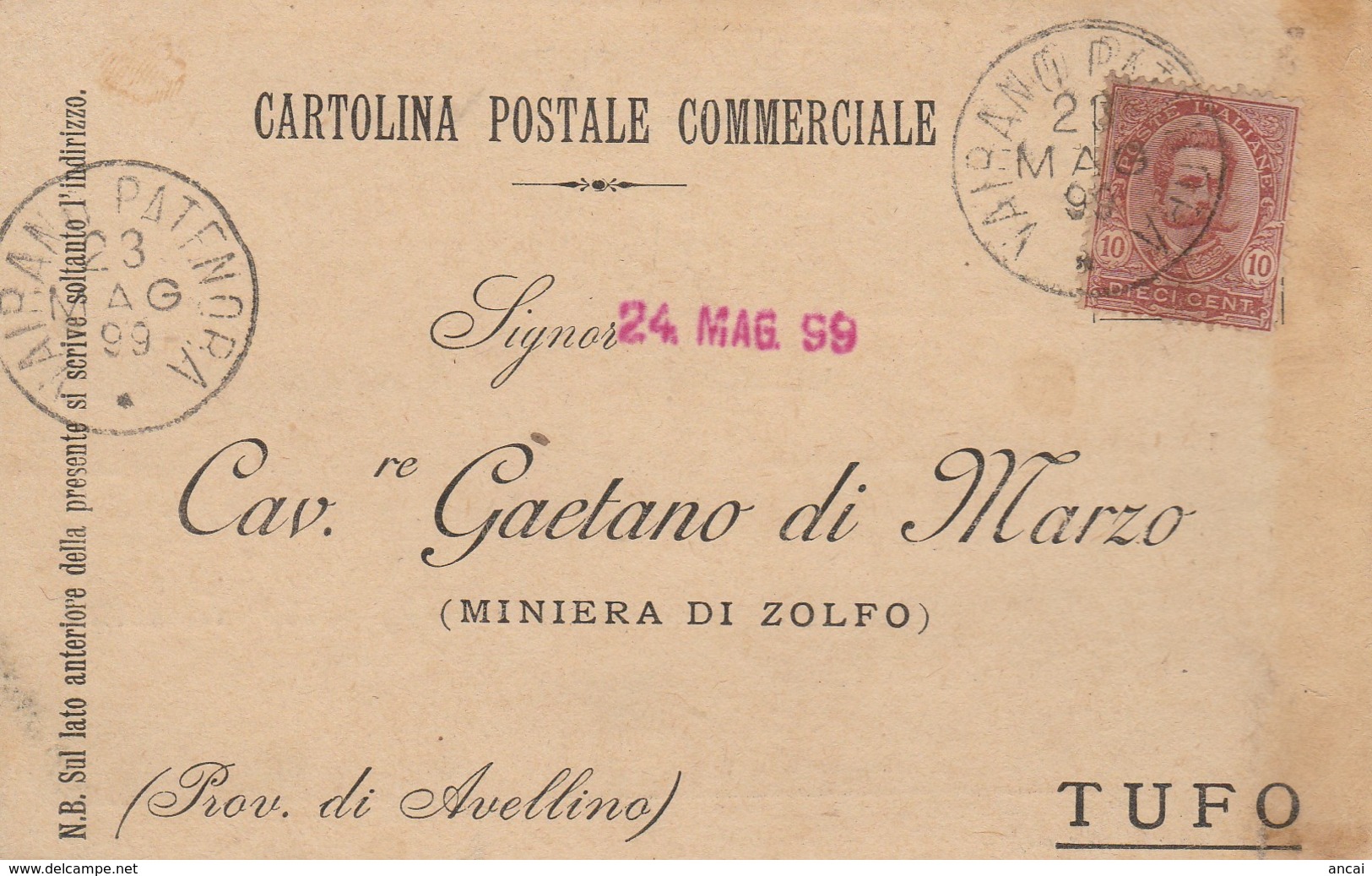 Vairano Patenora. 1899. Annullo Grande Cerchio VAIRANO PATENORA, Su Cartolina Postale - Storia Postale