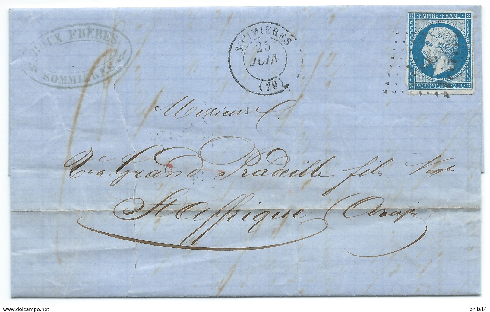 N° 14 BLEU NAPOLEON SUR LETTRE / SOMMIERES GARD POUR ST AFFRIQUE / 25 JANV 1862 - 1849-1876: Période Classique