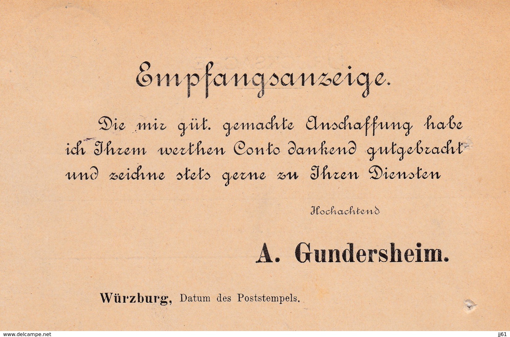 WURZBURG A GUNDERSHEIM EMPFANGSANZEIGE ANNEE 1898 CARTE POSTAL DRUCKSACHE AVEC TIMBRE ET CACHET A MR DERNBACH HAGUENAU - Otros & Sin Clasificación