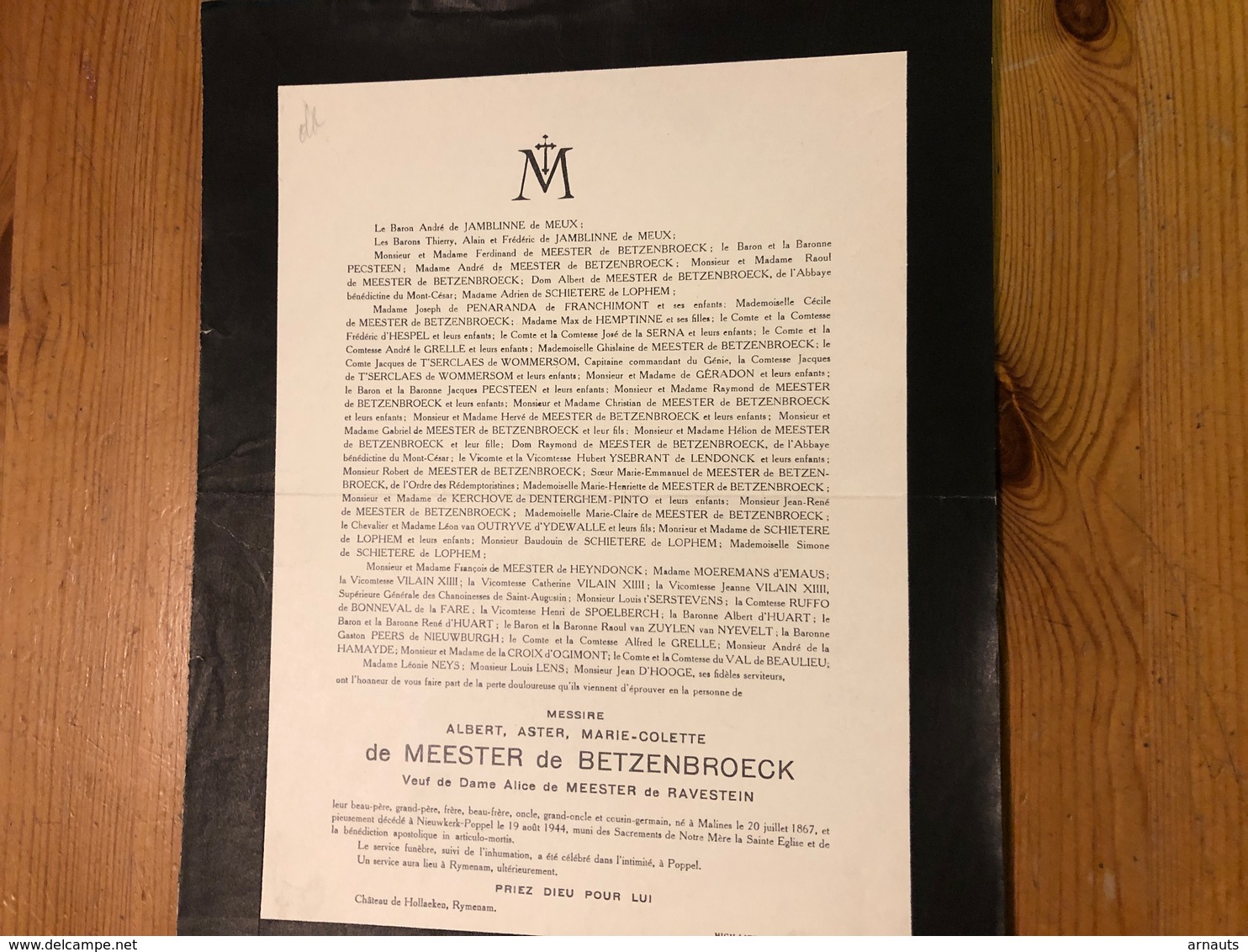 Albert De Meester De Betzenbroeck Veux De Meester De Ravenstein *1867 Malines +1944 Nieuwkerk Poppel Rijmenam De Jamblin - Décès