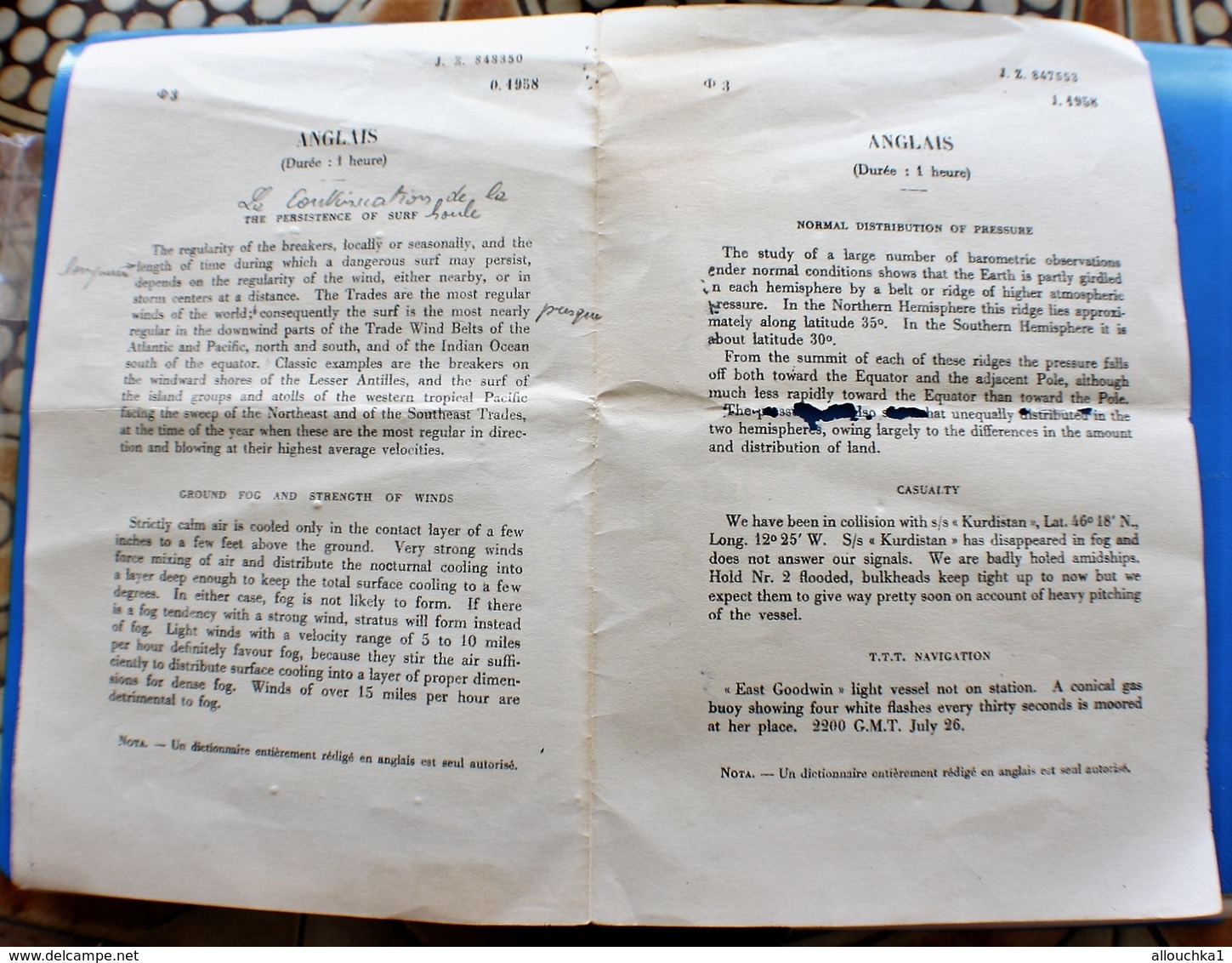 1926 ÉPREUVES EN ANGLAIS SUR LA NAVIGATION LA MER LE VENT LA HOULE ...LIRE ET TRADUIRE .... - Autres & Non Classés