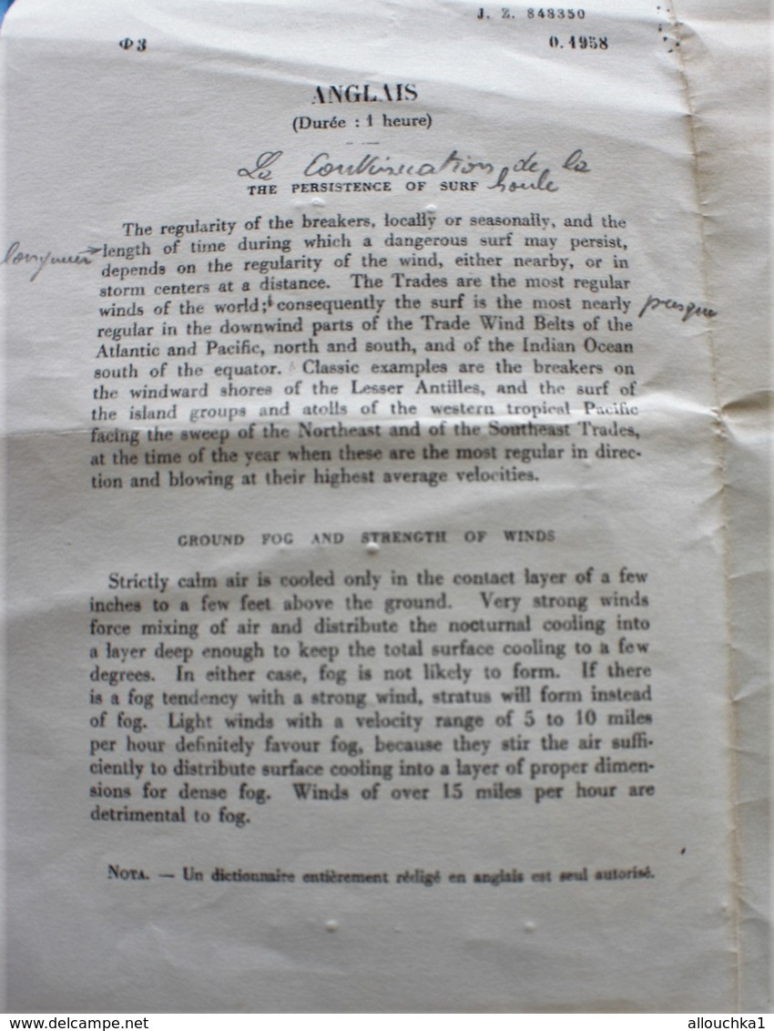 1926 ÉPREUVES EN ANGLAIS SUR LA NAVIGATION LA MER LE VENT LA HOULE ...LIRE ET TRADUIRE .... - Autres & Non Classés