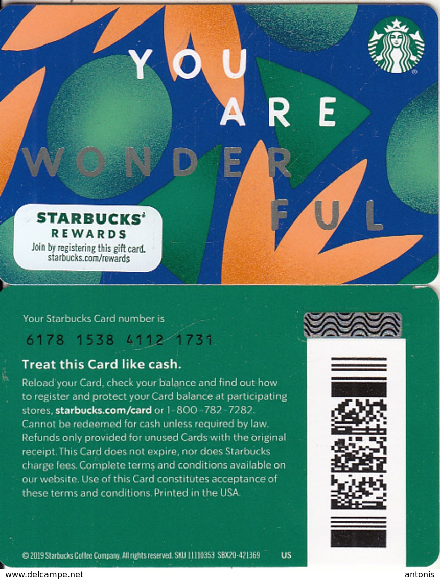 USA - You Are Wonderful, Starbucks Card(reverse 2), CN : 6178, Unused - Gift Cards