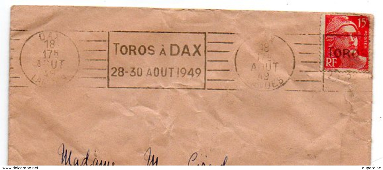 Empreinte De Machine à Affranchir Sur Enveloppe, DAX107 : TOROS à DAX / 28-30 AOUT 1949. - Autres & Non Classés