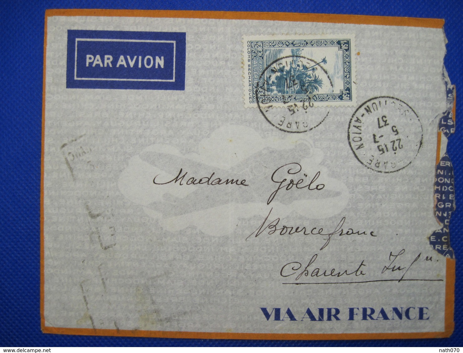 Algérie France 1937 BOURCEFRANC Par Avion Air Mail Lettre Enveloppe Cover Colonie PA 1,50f Seul Section - Covers & Documents
