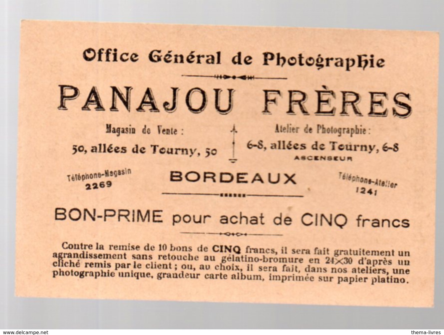 (photo) Bordeaux (33 Gironde) Carte PANAJOU Frères  (photographes) (PPP22062) - Publicités