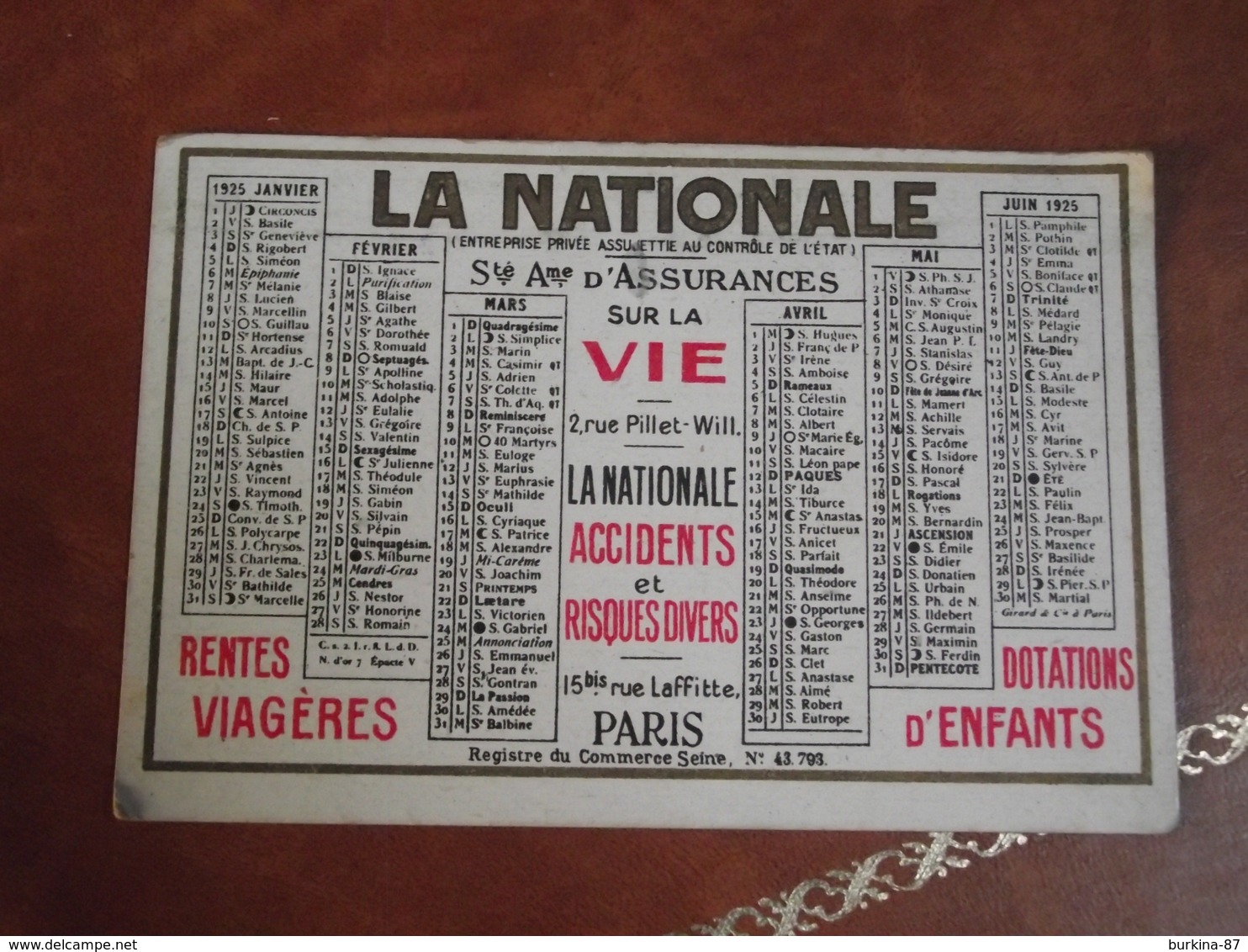 Calendrier, 1925, La Nationale, Type Recto Verso - Petit Format : 1921-40