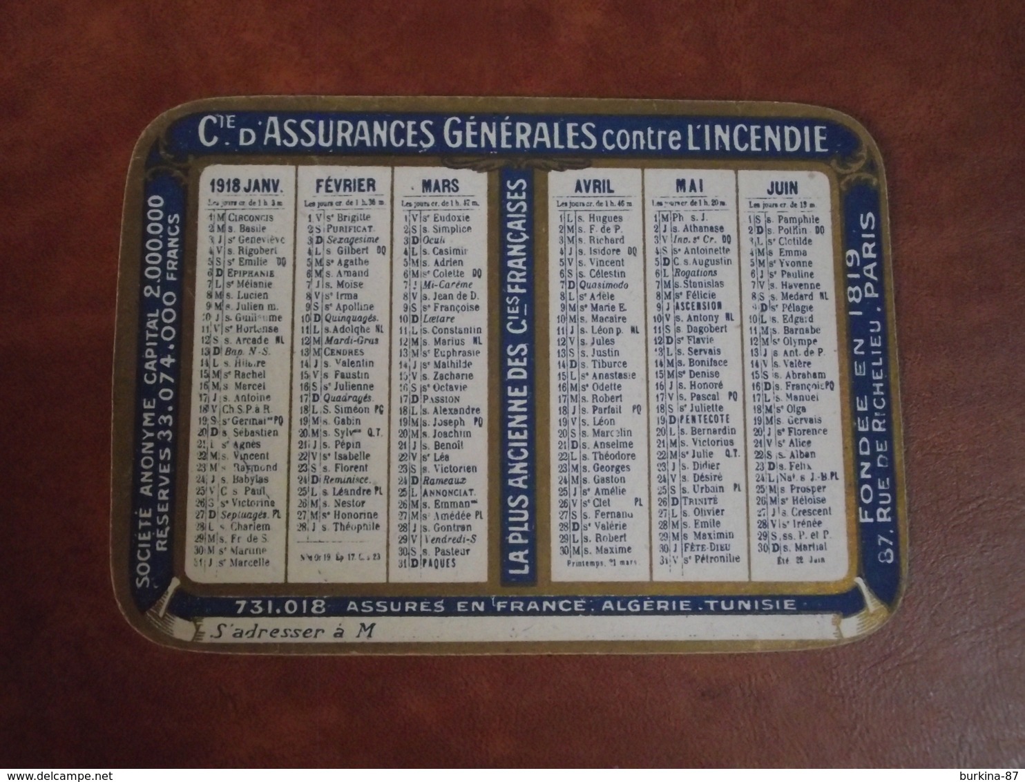 Calendrier, 1918, CIE ASSURANCES Générales Contre L'incendie , Type Recto Verso - Petit Format : 1921-40