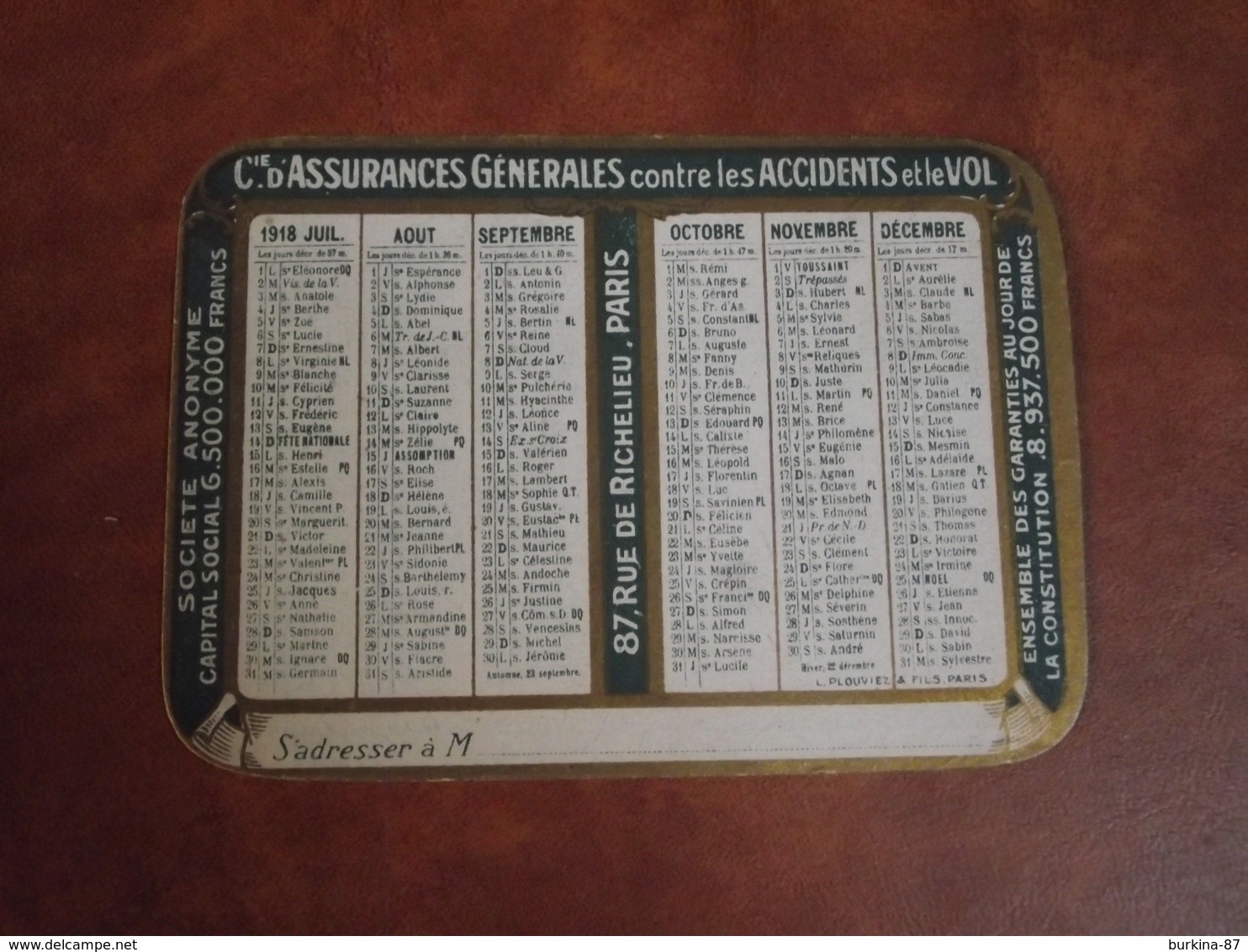 Calendrier, 1918, CIE ASSURANCES Générales Contre L'incendie , Type Recto Verso - Petit Format : 1921-40