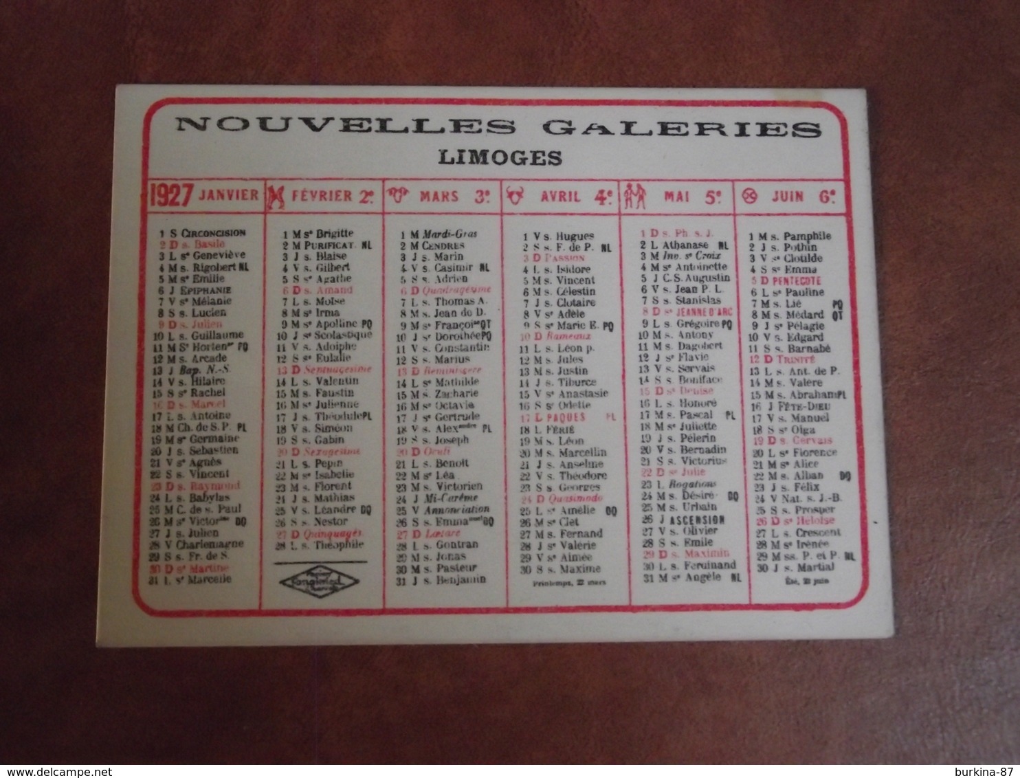 Calendrier, 1927, NOUVELLES GALERIES, Limoges , Type Recto Verso - Petit Format : 1921-40