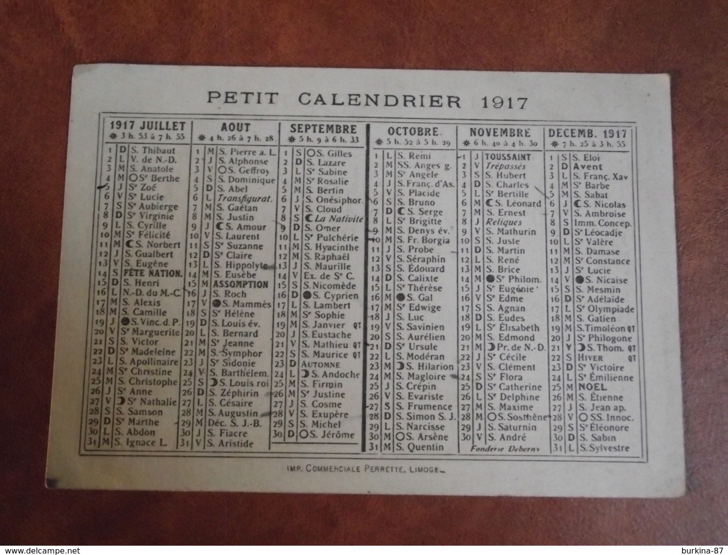 Calendrier, 1917, Sans Publicité  , Type Recto Verso - Petit Format : 1921-40