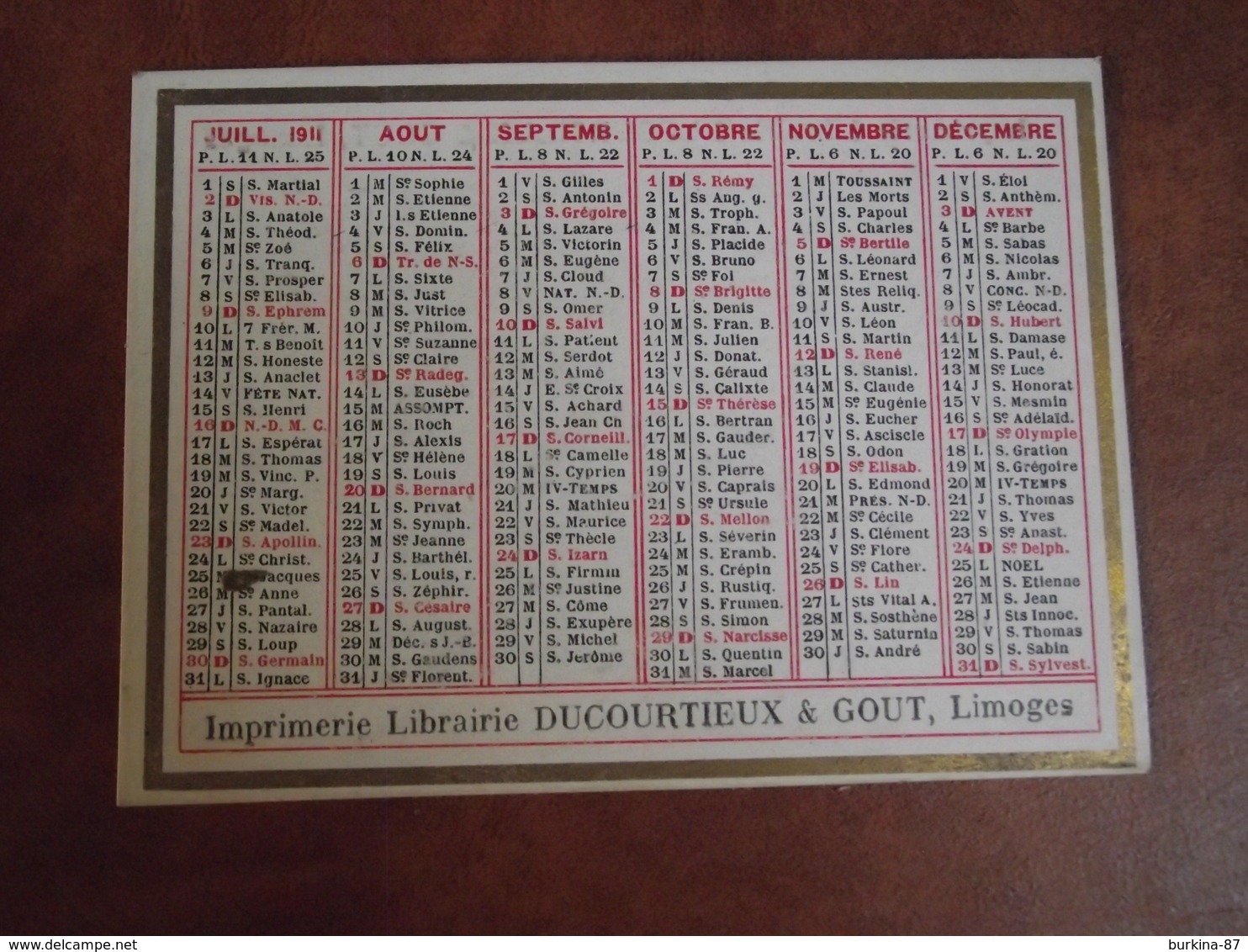 Calendrier, 1911,Librairie DUCOURTIEUX  Et GOUT, Limoges   , Type Recto Verso - Tamaño Pequeño : 1901-20