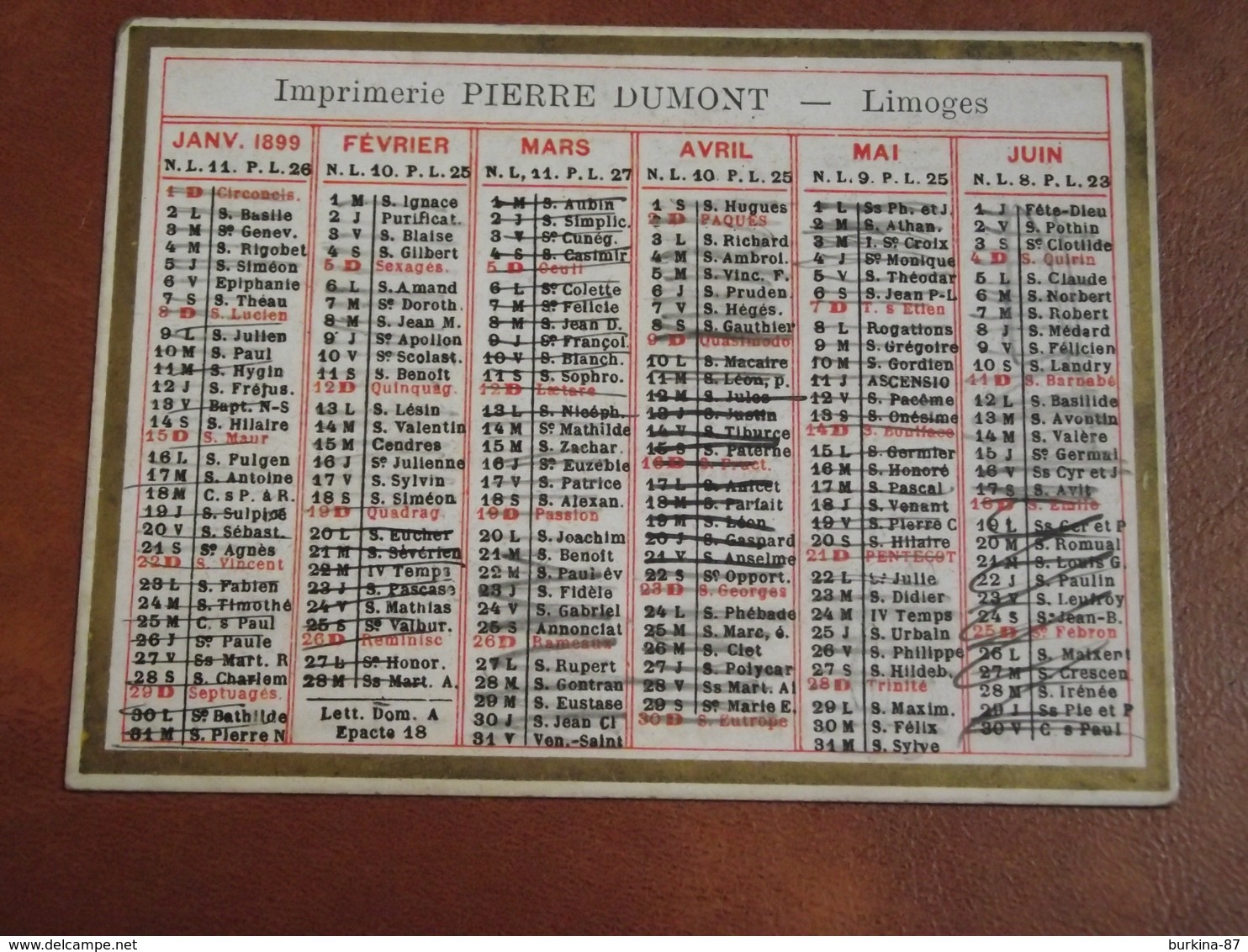 Calendrier, 1899,  IMPRIMERIE PIERRE DUMONT, Limoges, Type Recto Verso - Kleinformat : ...-1900