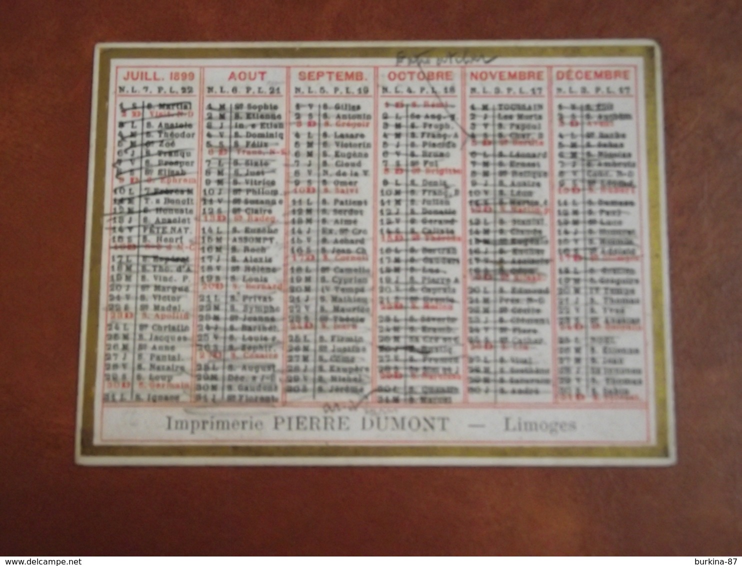 Calendrier, 1899,  IMPRIMERIE PIERRE DUMONT, Limoges, Type Recto Verso - Petit Format : ...-1900