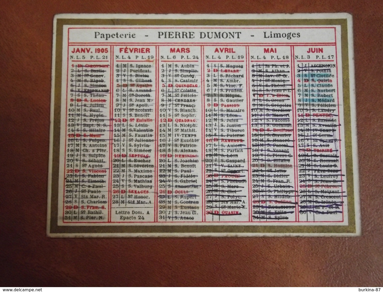 Calendrier, 1905,  IMPRIMERIE PIERRE DUMONT, Limoges, Type Recto Verso - Petit Format : 1901-20