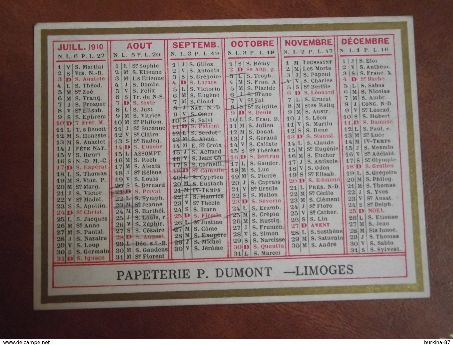 Calendrier, 1910,  IMPRIMERIE PIERRE DUMONT, Limoges, Type Recto Verso - Kleinformat : 1901-20