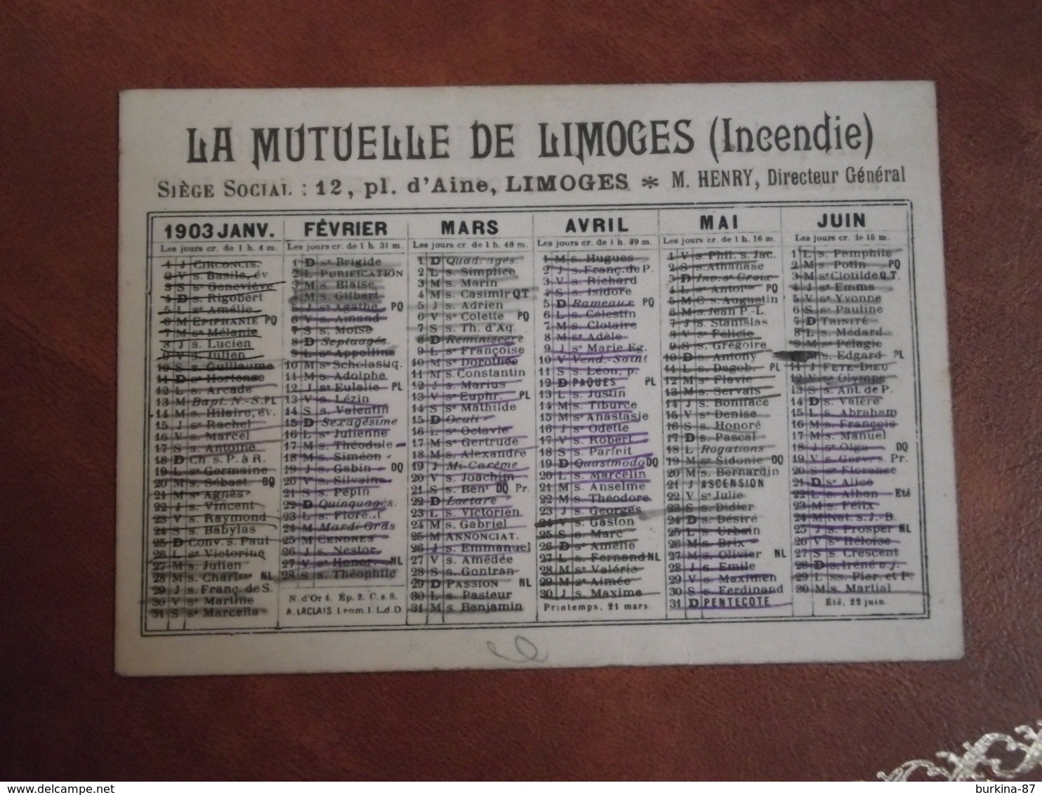 Calendrier, 1903,  LA MUTUELLE DE Limoges,INCENDIES, Type Recto Verso - Petit Format : 1901-20