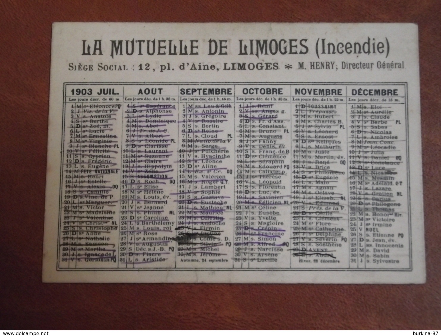 Calendrier, 1903,  LA MUTUELLE DE Limoges,INCENDIES, Type Recto Verso - Kleinformat : 1901-20