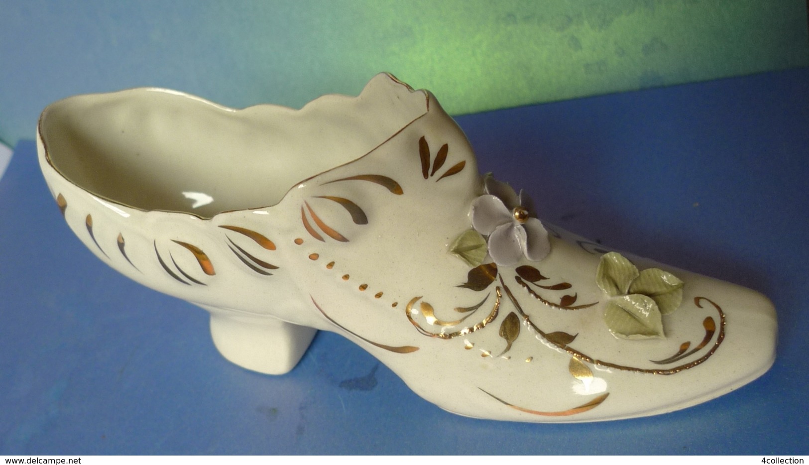 Old Porcelain Collectibles Shoe high heel figurine with gold trim flower hand painted