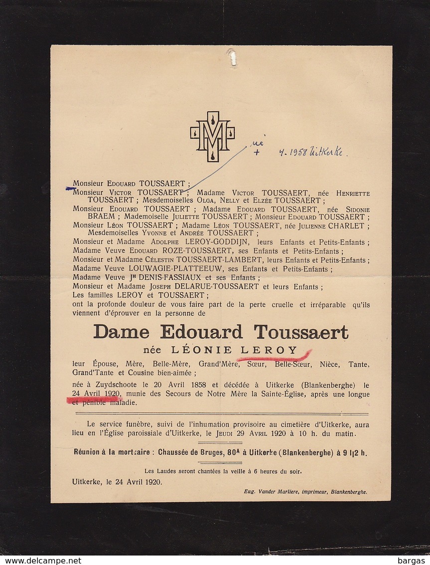 Faire Part De Décès Toussaert Née Leroy Zuydschoote Blankenberge - Notes Généalogiques Au Dos - Obituary Notices